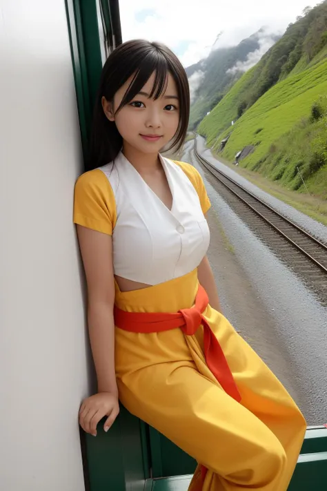 1girl, (art by Kurt Hutton:0.8) , photography art, artistic Color splash, Cutester Art, (DayGlo yellow theme:0.7) , landscape of a ([Kjeragbolten:Darjeeling Himalayan Railway:2]:1.3) from inside of a Shrine, it is very Lifelike and Really long, Boundless foliage with Pots with flowers, Hurricane, Graphic novel, Sad, natural lighting, macro lens, Oversaturated, Swirling electric color, Film grain, Best quality, trending on artstation