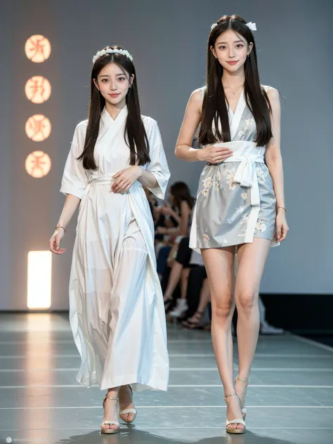 ( ulzzang-6500-v1.1:0.8),(pretty girl:1.3),thick bangs,(waist length hair,:1.5),(upper body:0),(full body:1.2),(complex background:1.3),(no makeup:1.3),visible pores,(masterpiece:1.3),incredibly_absurdres,seductive smile,(chinese clothes:1.3),looking at viewer,8k,uhd,highres,finely detail,highly detailed,realistic,best quality,high quality,human skin,realistic illumination,(pohtorealistic:1.4),(real person:1.7),(perfect face:1.3),necklaces,earrings,(skinny:1.5),(toned physique,:1.2)(walking,catwalk:1.8),ancient shoes,beautiful feet,cute,(hanfu:1.3),ancient costume,ancient headdress,