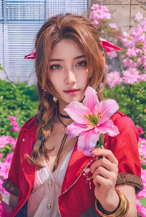 1girl,aerith gainsborough,solo,yellow flower,holding,brown hair,bow,pink dress,long hair,dress,lily (flower),jewelry,cropped jacket,bracelet,pink bow,green eyes,braid,jacket,red jacket,choker,ribbon,realistic,upper body,blurry,light smile,(huge breasts:1.3),
masterpiece,best quality,official art,extremely detailed CG unity 8k wallpaper,ultra high res,ultra detailed,ultra detailed,realistic,(photorealistic:1.4),realistic skin,detailed facial features,detailed clothes features,depth of field,professional lighting,physically-based rendering,<lora:chinaDollLikeness_v10:0.4>,