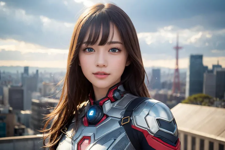 (masterpiece, finely detailed beautiful eyes: 1.2), ultra-detailed, a joyful girl in futuristic attire, SF, glowing gadgets, standing, a utopian metropolis, marveling, detailed background, (realistic:2), volumetric light, sunbeam, light rays, sky, cloud,