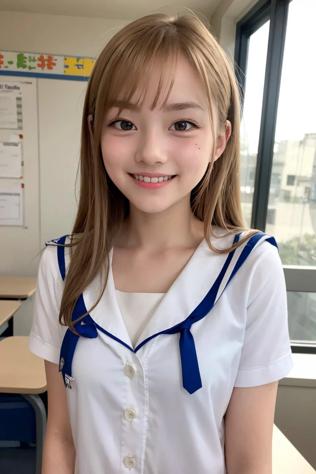 1girl, cute, , smiling, look at viewer, sailor uniform, seifuku, photo, realistic, best quality, hires, detailed face, classroom, detailed background, diffused lighting, depth of field, bokeh