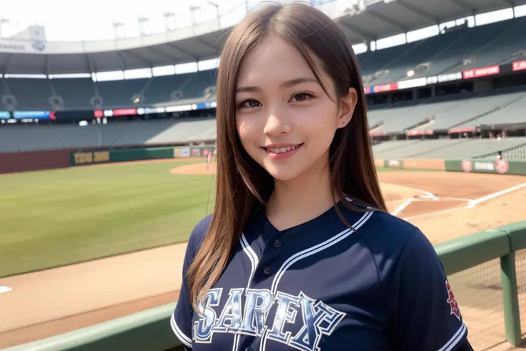 baseball cosplay, baseball stadium, baseball uniform, smiling, 1girl, detailed uniform, look at viewer, (SIGMA 85mm f1.4), depth of field, bokeh, detailed photorealistic background, diffused natural sunlight, diffused natural skin glow, summer, photo realistic, photo