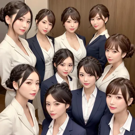 group picture,multiple japanese women,japanese, cute women, 5girls,looking at viewer ,realistic,shiny skin,(office lady),business suit,cleavage,(beautiful face:1.1),(masterpiece, high quality:1.2) <lora:MultipleGirlsGroup:1>, medium breasts, motherly, porcelain skin, hair, very long hair, wavy hair,mature female, smile, (hime cut|half updo|bob cut| short cut| double buns hair| braided bun| french braid|cone hair bun| big hair| braid ponytail| hair bun| pony tail| twin tail), flower ornament hair