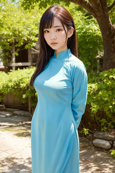 <lora:aoDaiVietnamese_v10:0.7> cowboy shot, (masterpiece), (best quality:1.2), absurdres, photo, photorealistic,highly detailed, detailed face, solo 18.y.o Japanese girl, sexy vietnamese dress, standing, riverside, arms behind back, large breasts, sunlight, medium breast, Random hairstyle