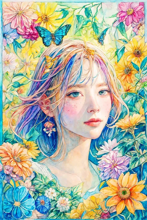 <lora:WaterShade2:1> watercolor  <lora:add_detail:1>, portrait, masterpiece, best quality, ultra-detailed, floating, beautiful detailed eyes, detailed light, fruits, flowers, colorful, garden, colorful background, forest, bird, butterfly