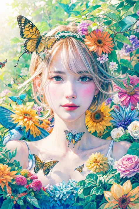 <lora:WaterShade2:1> watercolor  <lora:add_detail:1>, portrait, masterpiece, best quality, ultra-detailed, floating, beautiful detailed eyes, detailed light, fruits, flowers, colorful, garden, colorful background, forest, bird, butterfly