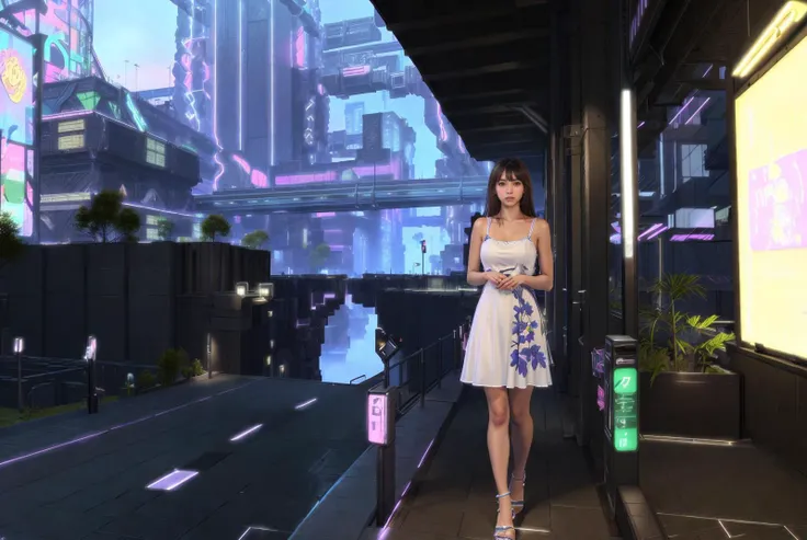 1girl, women, (she is wearing cocktail dress:1.3), Overhead camera, sharp focus, handsome, plump legs, skinny, professional lighting, rendered eyes, tall body, adult woman, hair ornament, instagram most viewed, official wallpaper, official art, (japanese idol), building, ((photorealistic painting art by midjourney and greg rutkowski)), BREAK (bangs, medium wavy hair, brown hair, standing, arms behind head), (Solution9, landscape, skyscrapers, bridge, city lights, fence, flower, ground vehicle, halo, mecha, monitor, motor vehicle, neon lights, night, science fiction, silhouette, skyscraper, stairs, waterfall, outdoor:1.3), <lora:Solution9:0.8>,