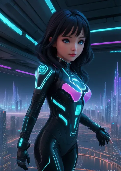 over a city at night, holographic, sci-fi girl, futuristic, tron, cinematic, photorealistic, hyper realistic, RAW photo, intricate details