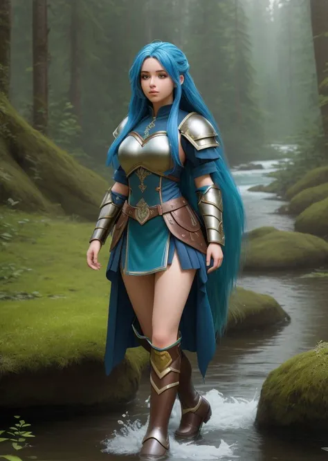 photorealistic, (hyperrealistic:1.2), beautiful, masterpiece, best quality, extremely detailed face, perfect lighting, long hair, 1girl, forest, nature, outdoors, blue hair, boots, solo, water, armor, scenery, facing away, wide hips,detailed hands and fingers