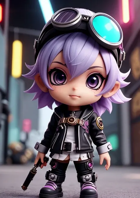 (tristana chibi girl), black iris, best quality, punk outfit, goggles, intricate detail, absurd res, sharp focus, anime, solar style,(by Dongitos:0.8)