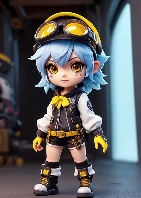 (tristana chibi girl), yellow iris, best quality, punk outfit, goggles, intricate detail, absurd res, sharp focus, anime, (by Dongitos:0.8)