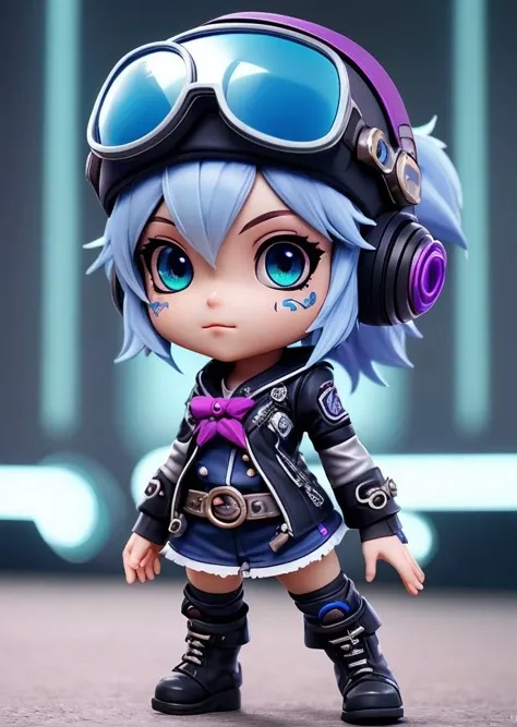 (tristana chibi girl), blue iris, best quality, punk outfit, goggles, intricate detail, absurd res, sharp focus, anime, (by Dongitos:0.8)
