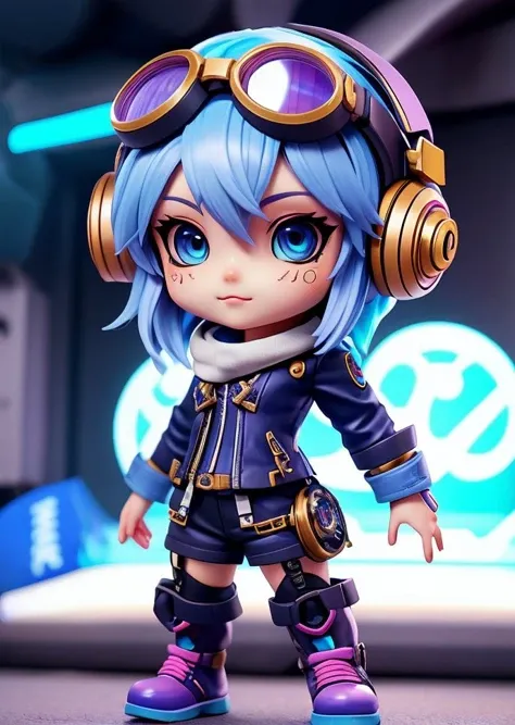 (tristana chibi girl), blue iris, best quality, punk outfit, goggles, intricate detail, absurd res, sharp focus, anime, atom style,(by Dongitos:0.8)