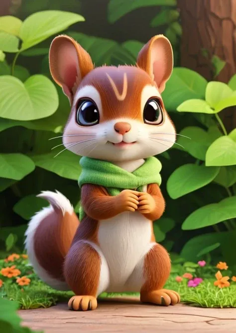 Visualize a lifelike drawing of a tiny squirrel, its features humorously exaggerated with especially large, bright eyes and an inquisitive, smiling expression. The squirrel's spines are finely detailed, capturing the natural texture, while its tiny paws are slightly oversized, adding to the cuteness. The setting is a simple garden background, with a focus on natural colors and a few green plants, creating a realistic yet adorable scene.