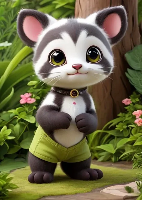 Visualize a lifelike drawing of a tiny cat, its features humorously exaggerated with especially large, bright eyes and an inquisitive, smiling expression. The badger's spines are finely detailed, capturing the natural texture, while its tiny paws are slightly oversized, adding to the cuteness. The setting is a simple garden background, with a focus on natural colors and a few green plants, creating a realistic yet adorable scene.