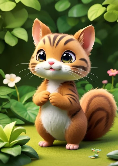 Visualize a lifelike drawing of a tiny cat, its features humorously exaggerated with especially large, bright eyes and an inquisitive, smiling expression. The squirrel's spines are finely detailed, capturing the natural texture, while its tiny paws are slightly oversized, adding to the cuteness. The setting is a simple garden background, with a focus on natural colors and a few green plants, creating a realistic yet adorable scene.
