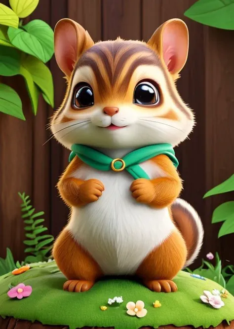 Visualize a lifelike drawing of a tiny chipmunk, its features humorously exaggerated with especially large, bright eyes and an inquisitive, smiling expression. The squirrel's spines are finely detailed, capturing the natural texture, while its tiny paws are slightly oversized, adding to the cuteness. The setting is a simple garden background, with a focus on natural colors and a few green plants, creating a realistic yet adorable scene.