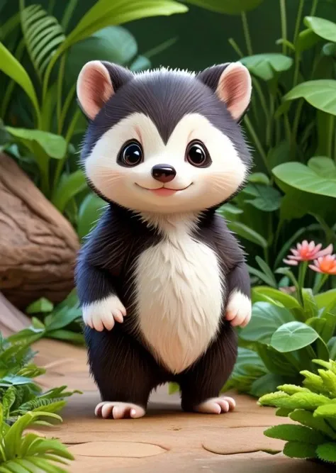 Visualize a lifelike drawing of a tiny badger, its features humorously exaggerated with especially large, bright eyes and an inquisitive, smiling expression. The badger's spines are finely detailed, capturing the natural texture, while its tiny paws are slightly oversized, adding to the cuteness. The setting is a simple garden background, with a focus on natural colors and a few green plants, creating a realistic yet adorable scene.