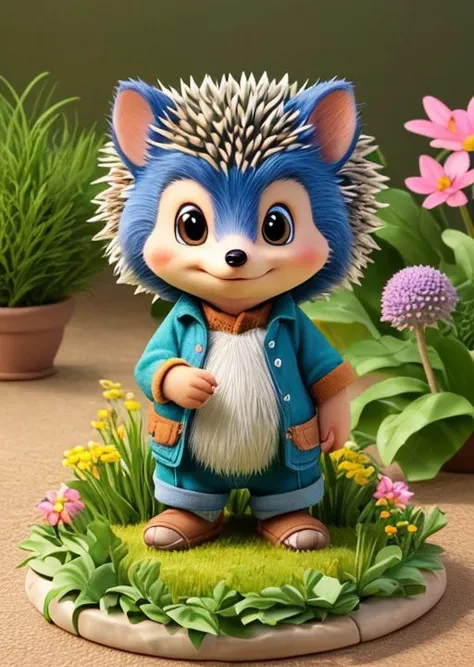 Visualize a lifelike drawing of a tiny hedgehog, its features humorously exaggerated with especially large, bright eyes and an inquisitive, smiling expression. The hedgehog's spines are finely detailed, capturing the natural texture, while its tiny paws are slightly oversized, adding to the cuteness. The setting is a simple garden background, with a focus on natural colors and a few green plants, creating a realistic yet adorable scene.