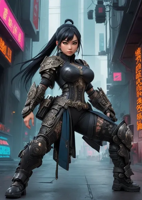 handsome by Kuang Hong, cyberpunk punk,
Asian girl, faces challenges , muscular, full armor dress, hyper detailed, professional poster, award winning, trending on ArtStation , (intricate details, masterpiece, best quality:1.4), looking at viewer, dynamic pose In a fighting stance, in the style of Nicola Samori