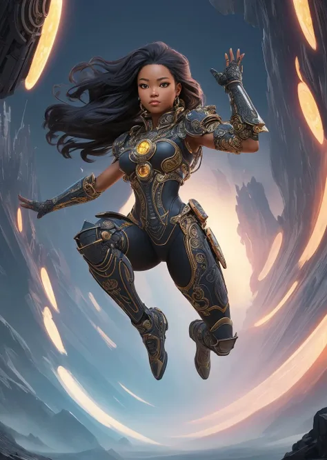 handsome by Kuang Hong, solar futurism,
African girl, faces challenges , muscular, full armor dress, hyper detailed, professional poster, award winning, trending on ArtStation , (intricate details, masterpiece, best quality:1.4), looking at viewer, dynamic pose Jumping, in the style of Nicola Samori