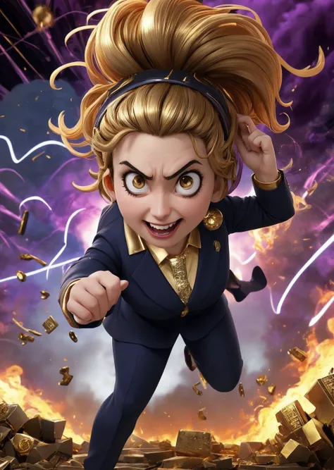 crazy woman, (teacher:0.5), disheveled hair, face distorted by a grimace of madness, dynamic pose, destroys everything around, explosions, (background wearing a respectable suit, gold:1.4), RAW photo, 8k uhd, masterpiece, award winning, absurdres