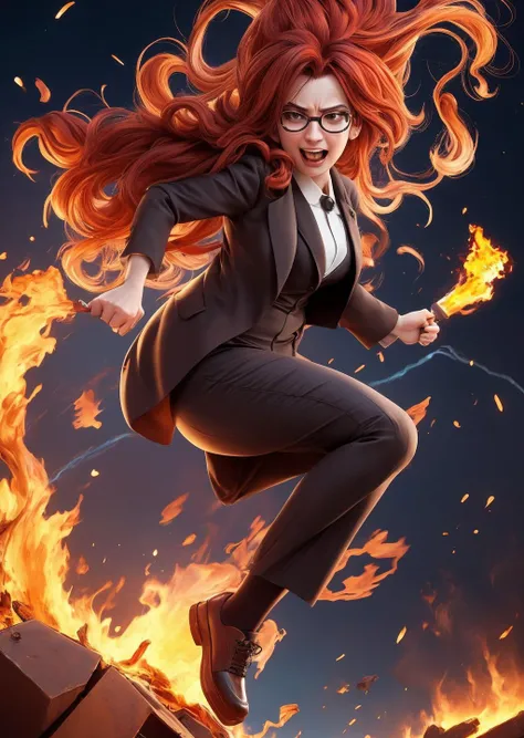 crazy woman, (teacher:0.5), disheveled hair, face distorted by a grimace of madness, dynamic pose, destroys everything around, explosions, fire, wearing a respectable suit, gold, RAW photo, 8k uhd, masterpiece, award winning, absurdres