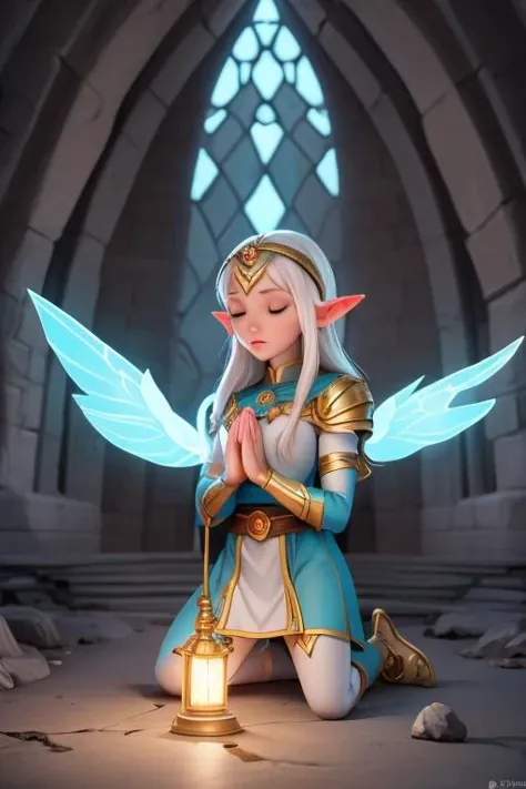 1elf-girl-woman, cleric, praying to the light,
