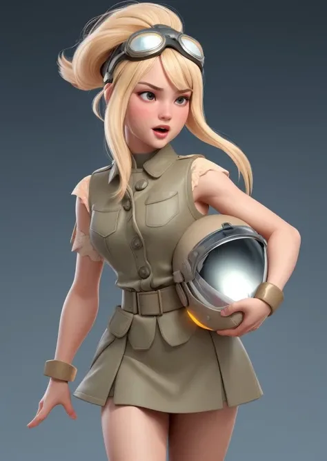render, eurasian girl, Blond head, singing, Radoptimism soldart, poster of brutal soldier, vest, helmet goggles, by Alex Ross, (masterpiece:1.2), artstation, soft gradients, fabric texture, soft grades, <lora:soldart3-000005:0.7> var style background