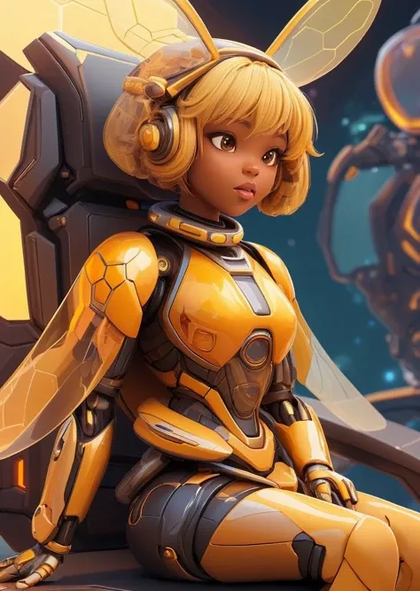 <lora:HoneyTech-20:0.8>,honeytech, honey, scifi style background game scene, black girl, Blond head, is sitting, Satisfaction