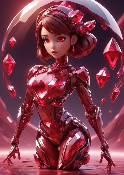 <lora:GemTech-22:0.8>, gemtech , scifi, internal reflections , transparent, inner details ,ruby , bright style background 3D scene, middle eastern girl, Brunette head, dance, Interest
