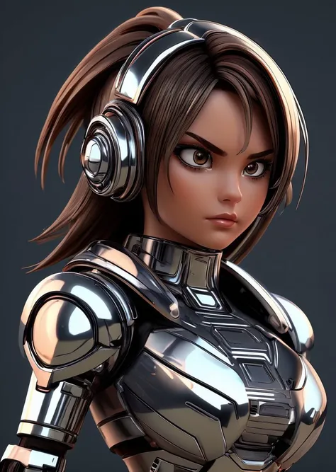 <lora:ChromeTech-21:0.8>,chrometech , scifi, metallic , chrome style background render, native american girl, Brown-haired head, costs, scowling