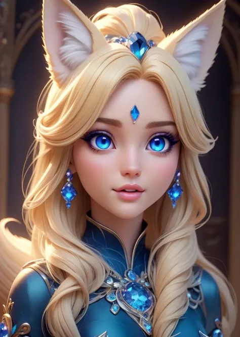 game scene, white girl, Blond head, singing, Tenderness masterpiece, best quality, <lora:sapphire-gem-style-darquelilly-v3:1> sapphiregemstyle, fox ears, fantasy, majestic, goddess, looking at viewer, close-up, colorful eyes, + +,