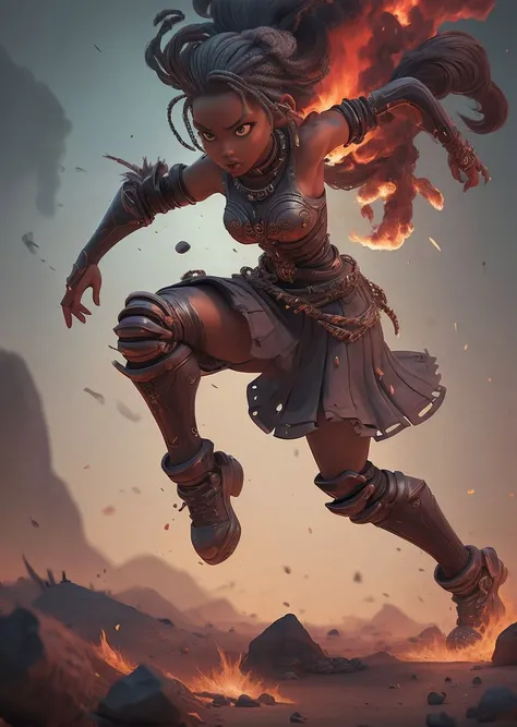 <lora:InfernalAIv8:.9> 1nf3rnalAI style background 3D model, black girl, Gray-haired head, fights, Intrigue