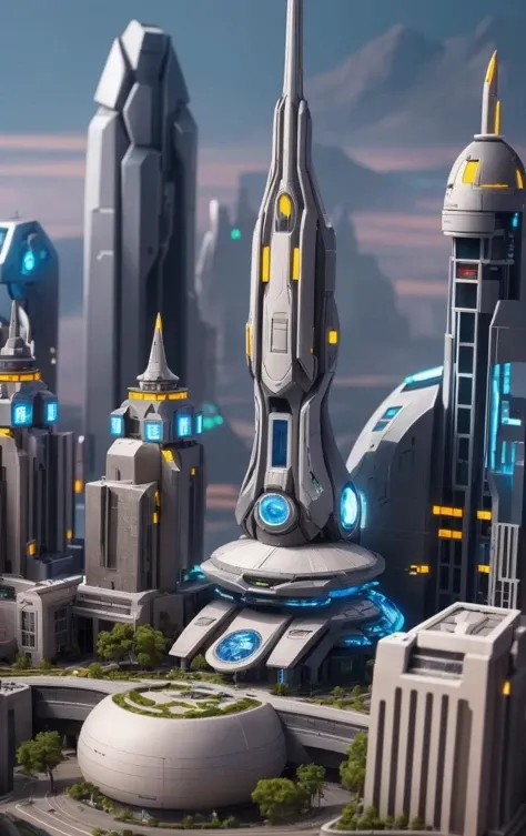 extremely detailed (((micro photo))) of a Sci-fi city at afternoon