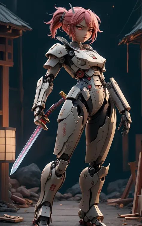 samurai, (masterpiece, best quality:1.3), intricate, 8k, HDR, wallpaper, cinematic lighting, 1girl samurai, (universe), holding sword, no humans, glowing, armor, glowing eyes, full body shot, mecha, <lora:Samurainiji:0.7>