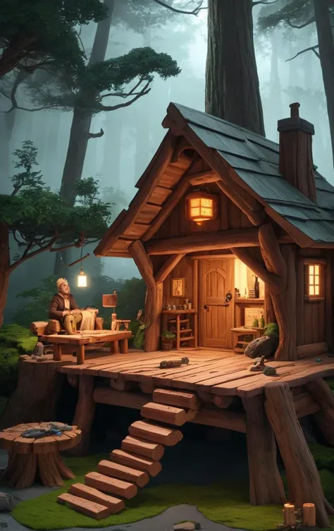 ((An outside)) Wide Shot of an fantasy enchanted woodsman's retreat, timber,pumice stone,timber, bio-luminescent algae, footlighting, bulb around it
