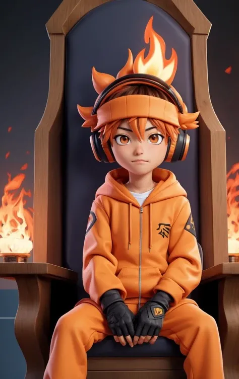 TSUNA SAWADA, Orange hoodie with flame print, GLOVES, FLAME HEADWEAR, HEADPHONES, FINGERLESS GLOVES, BROWN EYES, sitting inside throne room