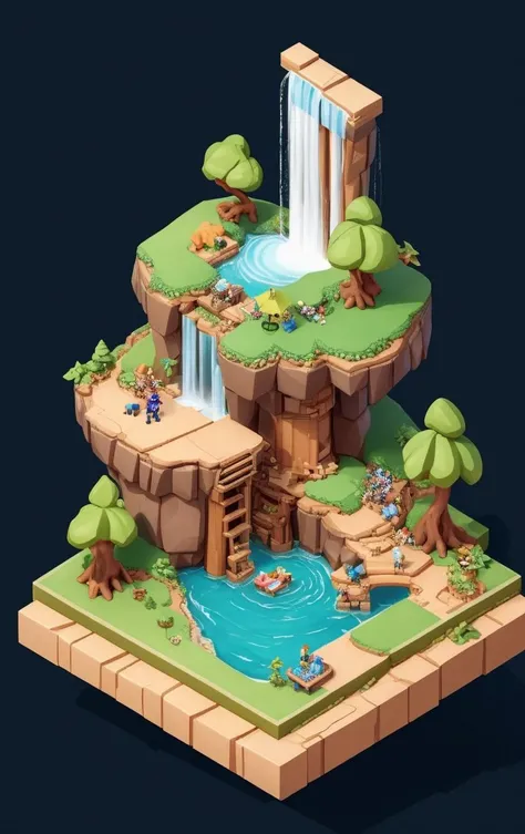 waterfalls in ((isometric style)) at night