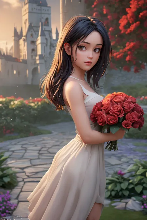 (masterpiece), (realistic), 8k, RAW photo, very wide shot, octane render, unreal engine, volumetrics dtx, (film grain, bokeh, blurry foreground) with a large bouquet of red roses for the entire frame, drops of water on the petals, splashes of water, a rainbow, ray tracing, strong sunlight, visible sun rays, an areola of light, against the backdrop of a castle, a stone path, eurasian girl, Brunette head, dance, fright