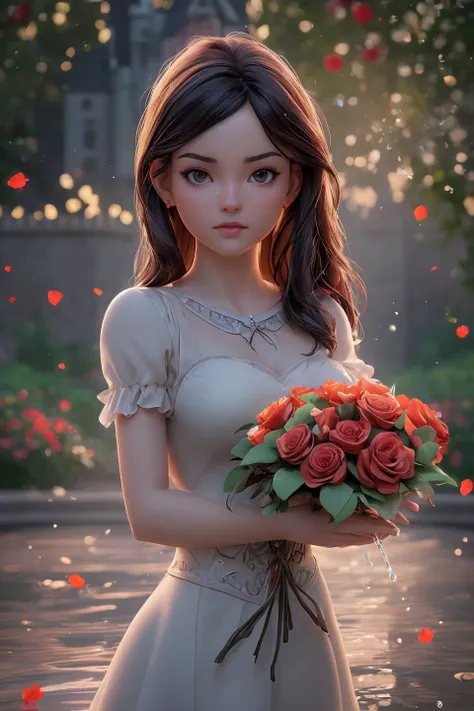 (masterpiece), (realistic), 8k, RAW photo, very wide shot, octane render, unreal engine, volumetrics dtx, (film grain, bokeh, blurry foreground) with a large bouquet of red roses for the entire frame, drops of water on the petals, splashes of water, a rainbow, ray tracing, strong sunlight, visible sun rays, an areola of light, against the backdrop of a castle, a stone path, eurasian girl, Brunette head, at least, Dejection