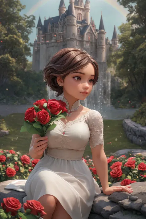(masterpiece), (realistic), 8k, RAW photo, very wide shot, octane render, unreal engine, volumetrics dtx, (film grain, bokeh, blurry foreground) with a large bouquet of red roses for the entire frame, drops of water on the petals, splashes of water, a rainbow, ray tracing, strong sunlight, visible sun rays, an areola of light, against the backdrop of a castle, a stone path, peurto rican girl, Light brown head, is sitting, Envy