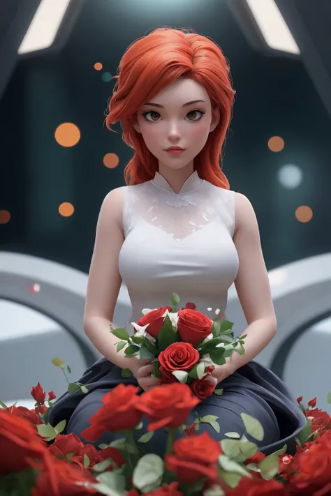 (masterpiece), (realistic), 8k, RAW photo, very wide shot, octane render, unreal engine, volumetrics dtx, (film grain, bokeh, blurry foreground) with a large bouquet of red roses for the entire frame, on the bridge of a spaceship, weightlessness, objects flying around, white girl, Ginger head, is sitting, Intrigue