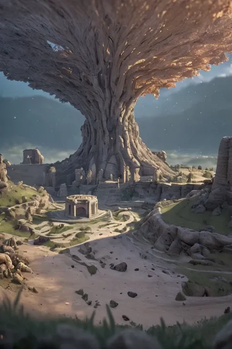 (masterpiece), (realistic), 8k, RAW photo, very wide shot, octane render, unreal engine, volumetrics dtx, (film grain, bokeh, blurry foreground) A vast archaeological site located in the south region of Italy that was buried by meters of ash and pumice after a catastrophic eruption as game The Legend of Zelda scene