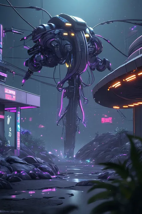(masterpiece), (realistic), 8k, RAW photo, very wide shot, octane render, unreal engine, volumetrics dtx, (film grain, bokeh, blurry foreground) A futuristic place full of cables with lots of neon lights and led lighting as game Grim dawn scene