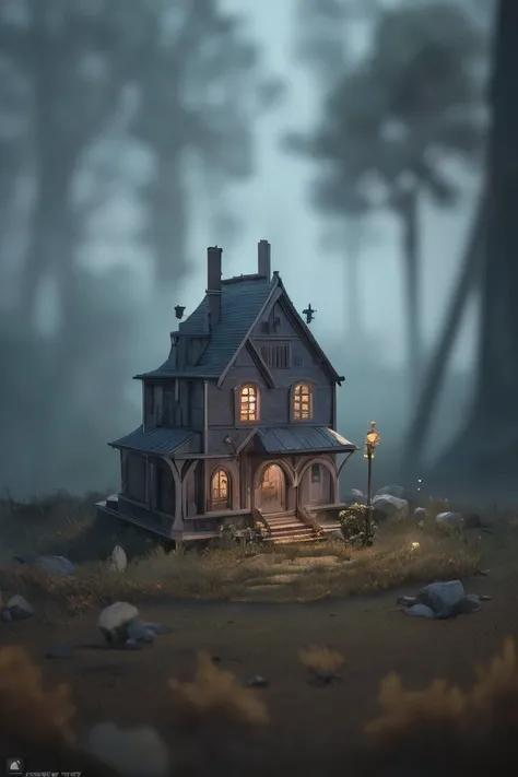 (masterpiece), (realistic), 8k, RAW photo, very wide shot, octane render, unreal engine, volumetrics dtx, (film grain, bokeh, blurry foreground) A place with a morbid look that resembles a funeral a little foggy as game Albion scene