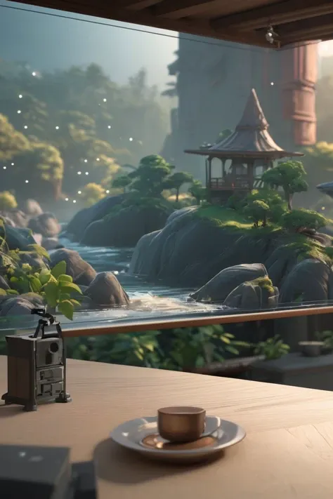 (masterpiece), (realistic), 8k, RAW photo, very wide shot, octane render, unreal engine, volumetrics dtx, (film grain, bokeh, blurry foreground) An environment with wabi-sabi trends and furniture made by famous designers as game Dota 2 scene