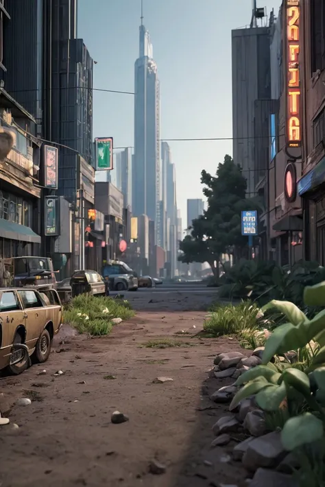 (masterpiece), (realistic), 8k, RAW photo, very wide shot, octane render, unreal engine, volumetrics dtx, (film grain, bokeh, blurry foreground) A city abandoned for years as game Plants vs zombies scene