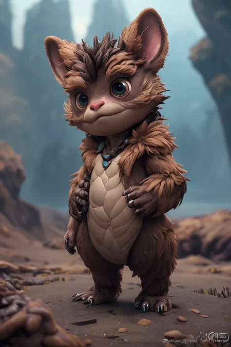 (masterpiece), (realistic), 8k, RAW photo, very wide shot, octane render, unreal engine, volumetrics dtx, (film grain, bokeh, blurry foreground) buff alien small animal monster , Brown-haired fur, hideous emotions landscape with Focal Point Empire architecture background, opulent, frostpunk style