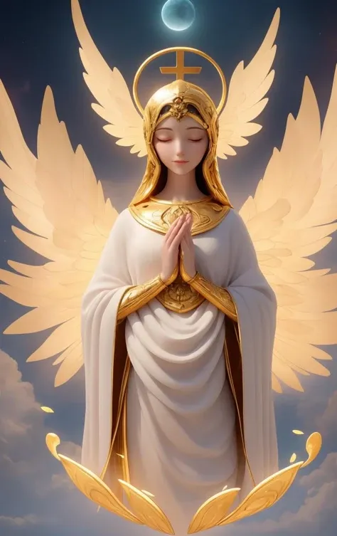 , holy magic radiant, soft golden light, emanates warmth, sense of peace, gently floating ethereal figures and symbols, presence brings a sense of hope and sanctity